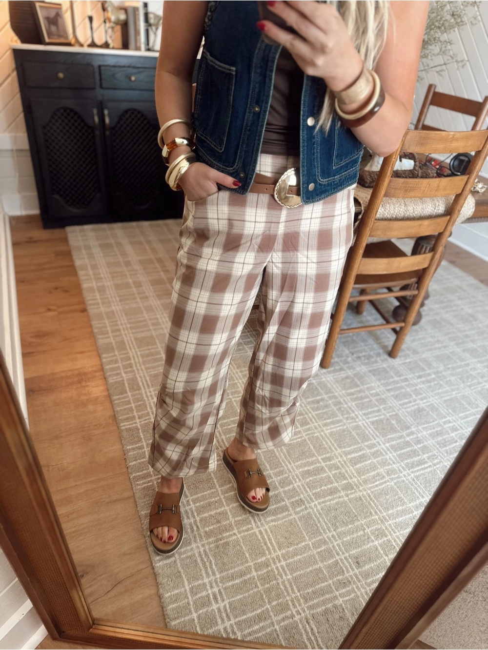 Plaid Wide-Leg Crop Pants - Cream & Brown